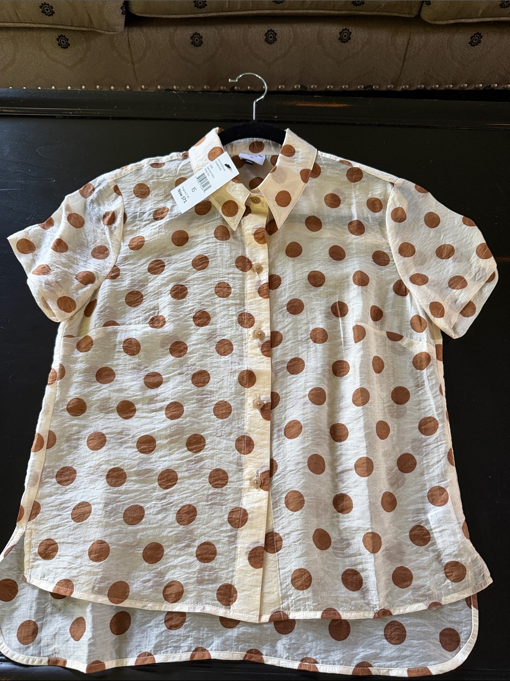 Cabi Cream Button-Up Short Sleeve Blouse with Brown Polka Dots